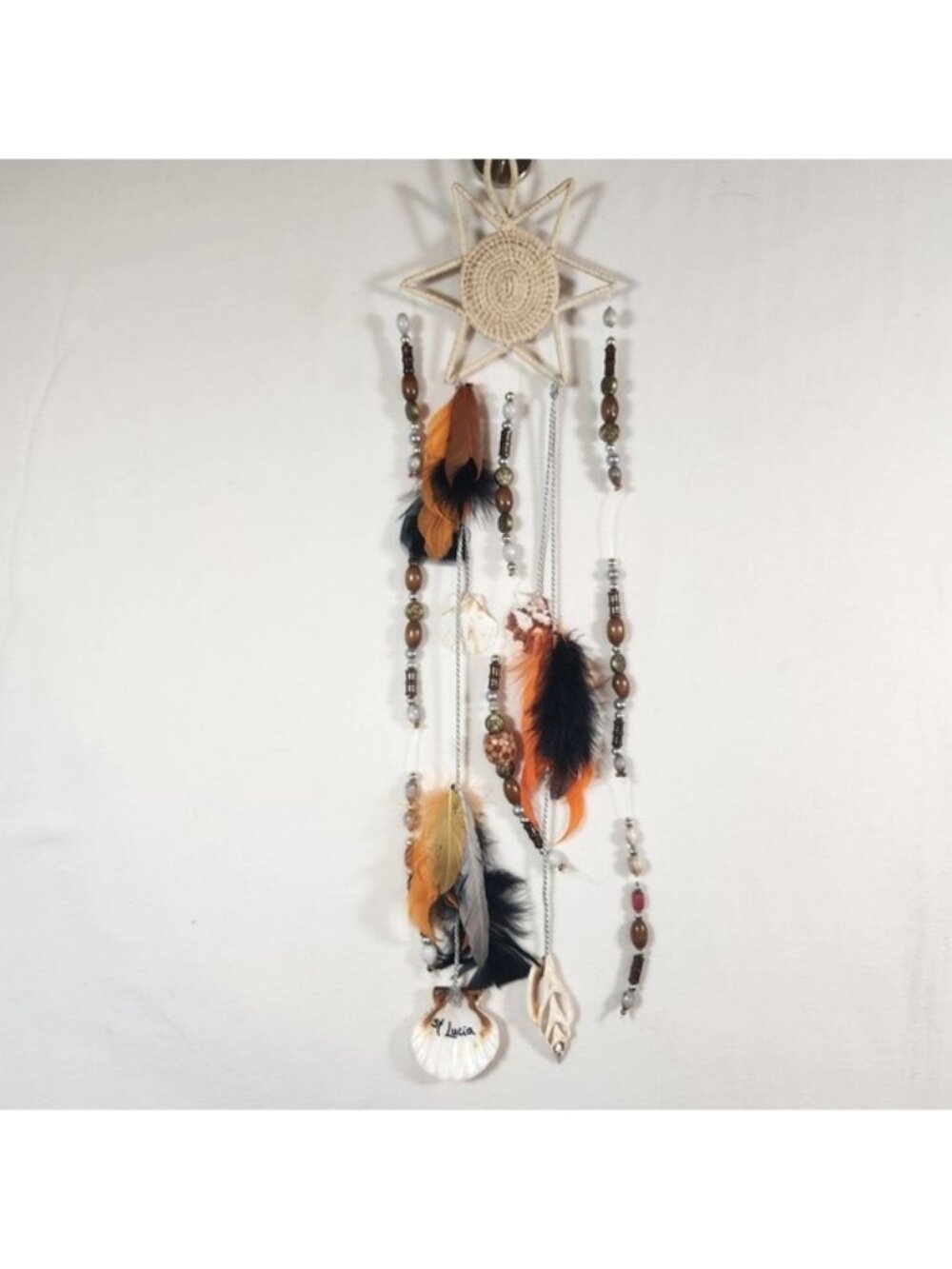 St Lucia Dreamcatcher Star Woven Straw Feathers Shells Beads Boho Decor